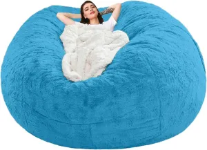 Giant Fur Bean Bag Chair Cover for Kids Adults, (No Filler) Living Room Furniture Big Round Soft Fluffy Faux Fur Beanbag Lazy Sofa Bed Cover (Peacock Blue, 5FT)