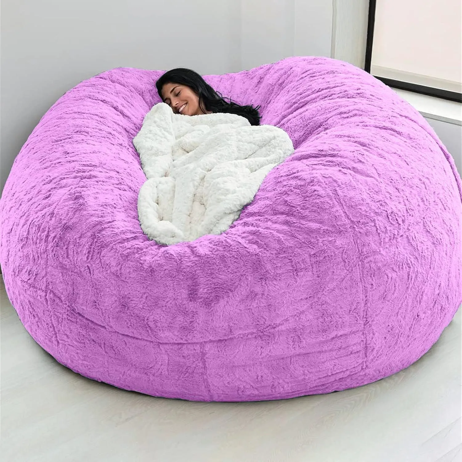 Giant Fur Bean Bag Chair Cover for Kids Adults, (No Filler) Living Room Furniture Big Round Soft Fluffy Faux Fur Beanbag Lazy Sofa Bed Cover (Purple, 5FT)