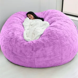 Giant Fur Bean Bag Chair Cover for Kids Adults, (No Filler) Living Room Furniture Big Round Soft Fluffy Faux Fur Beanbag Lazy Sofa Bed Cover (Purple, 5FT)