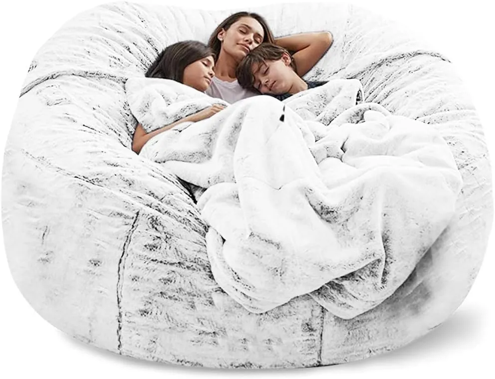Giant Fur Bean Bag Chair Cover for Kids Adults, (No Filler) Living Room Furniture Big Round Soft Fluffy Faux Fur Beanbag Lazy Sofa Bed Cover (Snow Black, 5FT)
