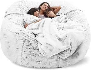 Giant Fur Bean Bag Chair Cover for Kids Adults, (No Filler) Living Room Furniture Big Round Soft Fluffy Faux Fur Beanbag Lazy Sofa Bed Cover (Snow Black, 5FT)