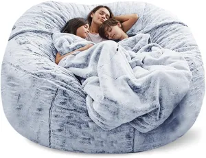 Giant Fur Bean Bag Chair Cover for Kids Adults, (No Filler) Living Room Furniture Big Round Soft Fluffy Faux Fur Beanbag Lazy Sofa Bed Cover (Snow Gray, 5FT)