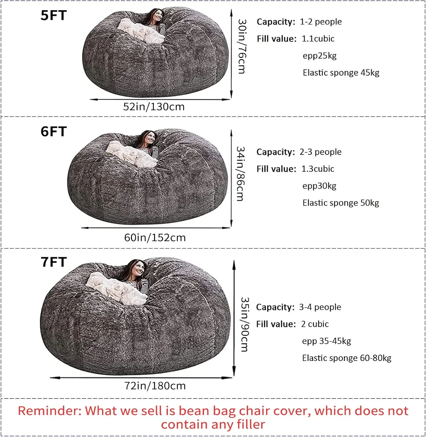 Giant Fur Bean Bag Chair Cover for Kids Adults, (No Filler) Living Room Furniture Big Round Soft Fluffy Faux Fur Beanbag Lazy Sofa Bed Cover (Snow Gray, 5FT)