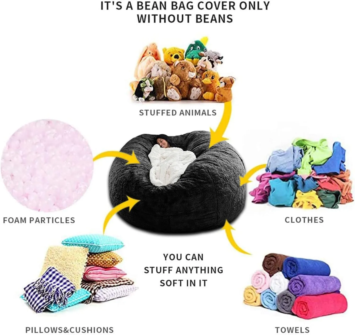 Giant Fur Bean Bag Chair Cover for Kids Adults, (No Filler) Living Room Furniture Big Round Soft Fluffy Faux Fur Beanbag Lazy Sofa Bed Cover (Snow Gray, 5FT)