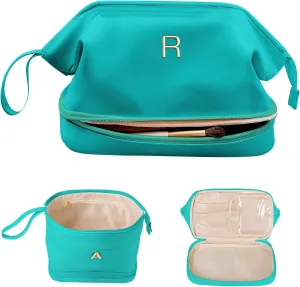 Gift for Teens Girls, Birthday Gift for Her, Makeup Bags, Waterproof Double Layer Cosmetic Bag, Large Capacity PU Leather Makeup Bags Letter Travel Toiletry Bag, Initial Gifts for Coworkers