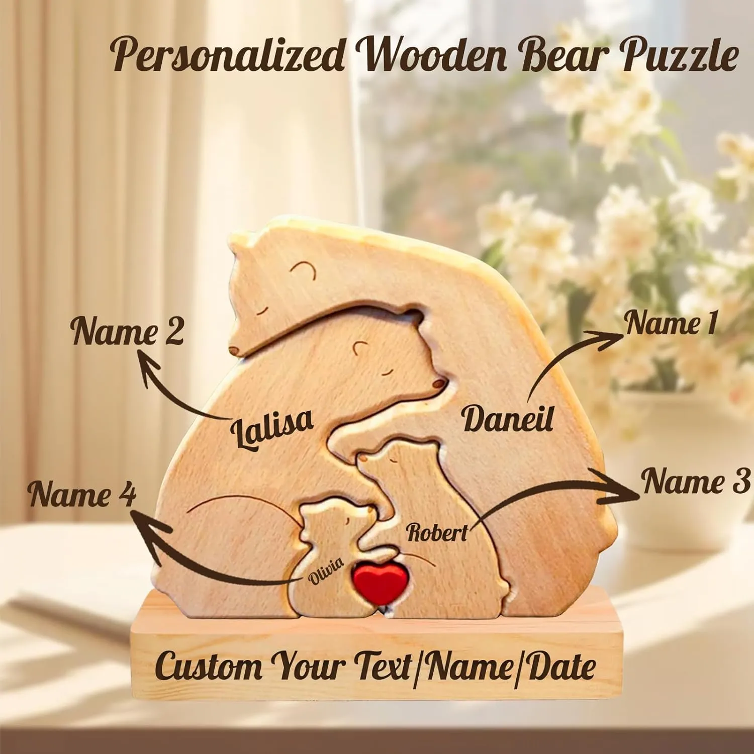 Gifts for Mother-Personalized Wooden Bear Puzzle Custom Mama Bear Puzzle with 2-7 Names for Home Decor Personalized Gifts for Mother's Day Father's Day Birthday Christmas House Warming (Style-B)