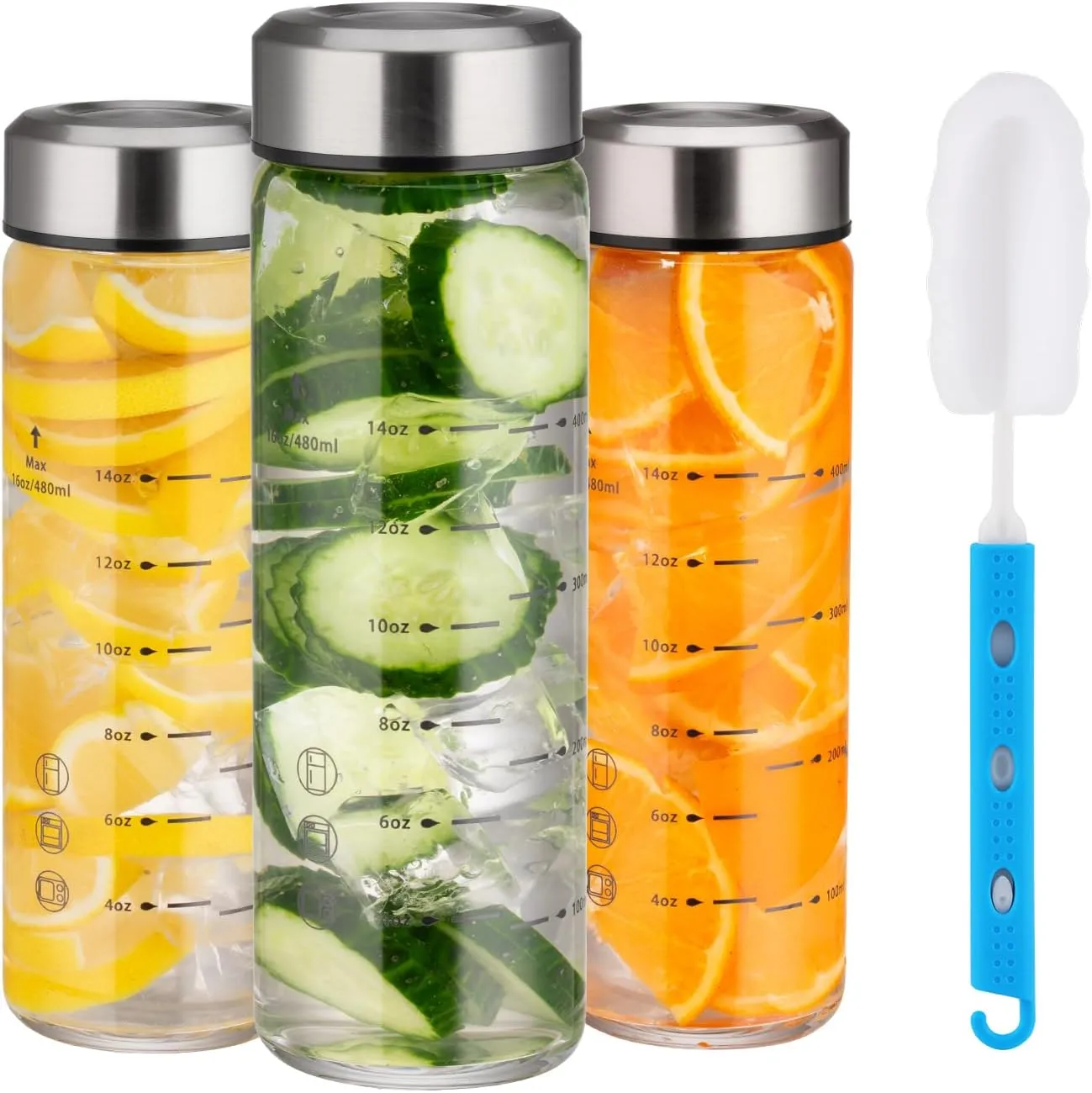 Glass Juice Bottles 16oz - 3 Pack Wide Mouth Water Bottles with Lids for Juicing Reusable Juice Bottles for Smoothie Beverage Storage BPA Free Leakproof Borosilicate