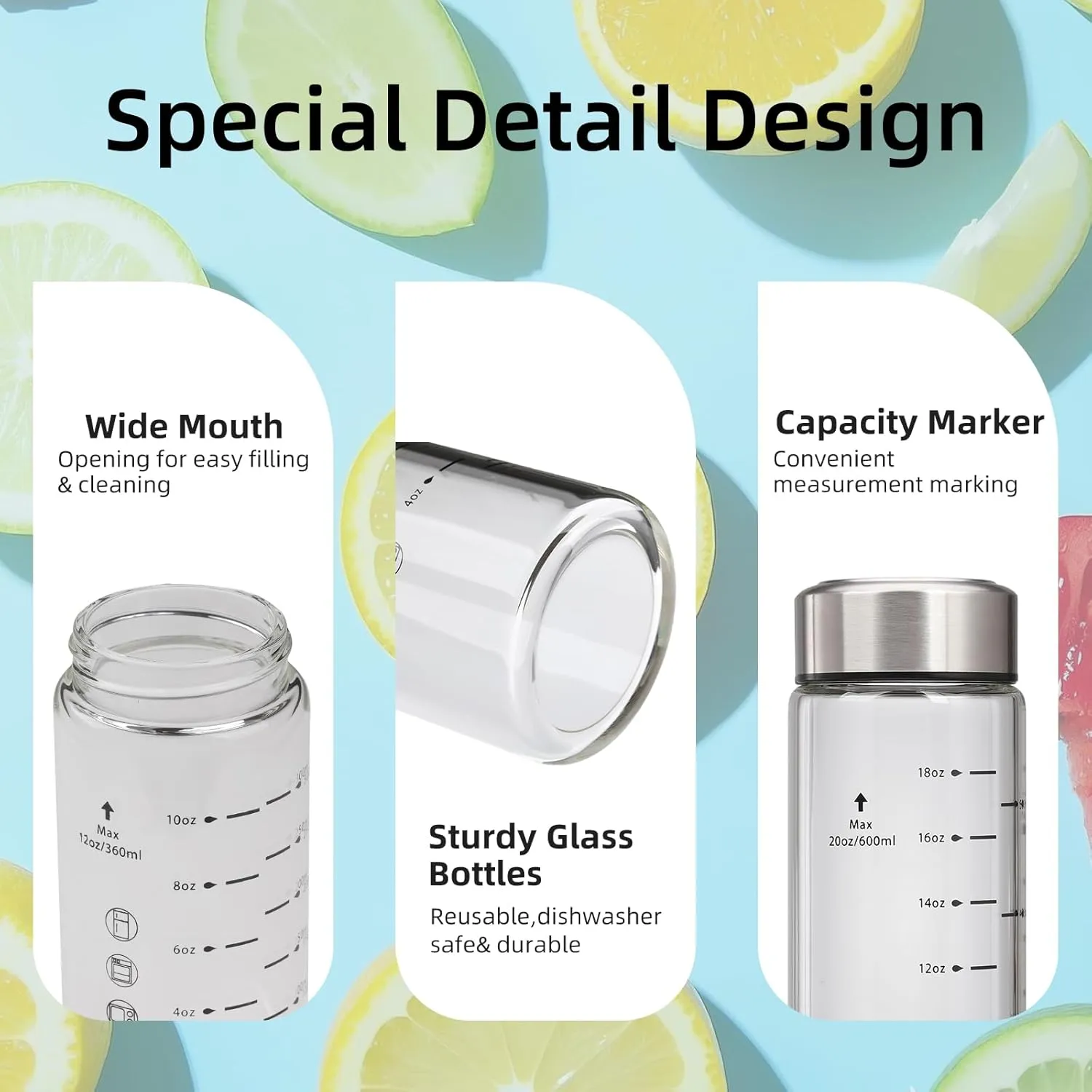 Glass Juice Bottles 16oz - 3 Pack Wide Mouth Water Bottles with Lids for Juicing Reusable Juice Bottles for Smoothie Beverage Storage BPA Free Leakproof Borosilicate