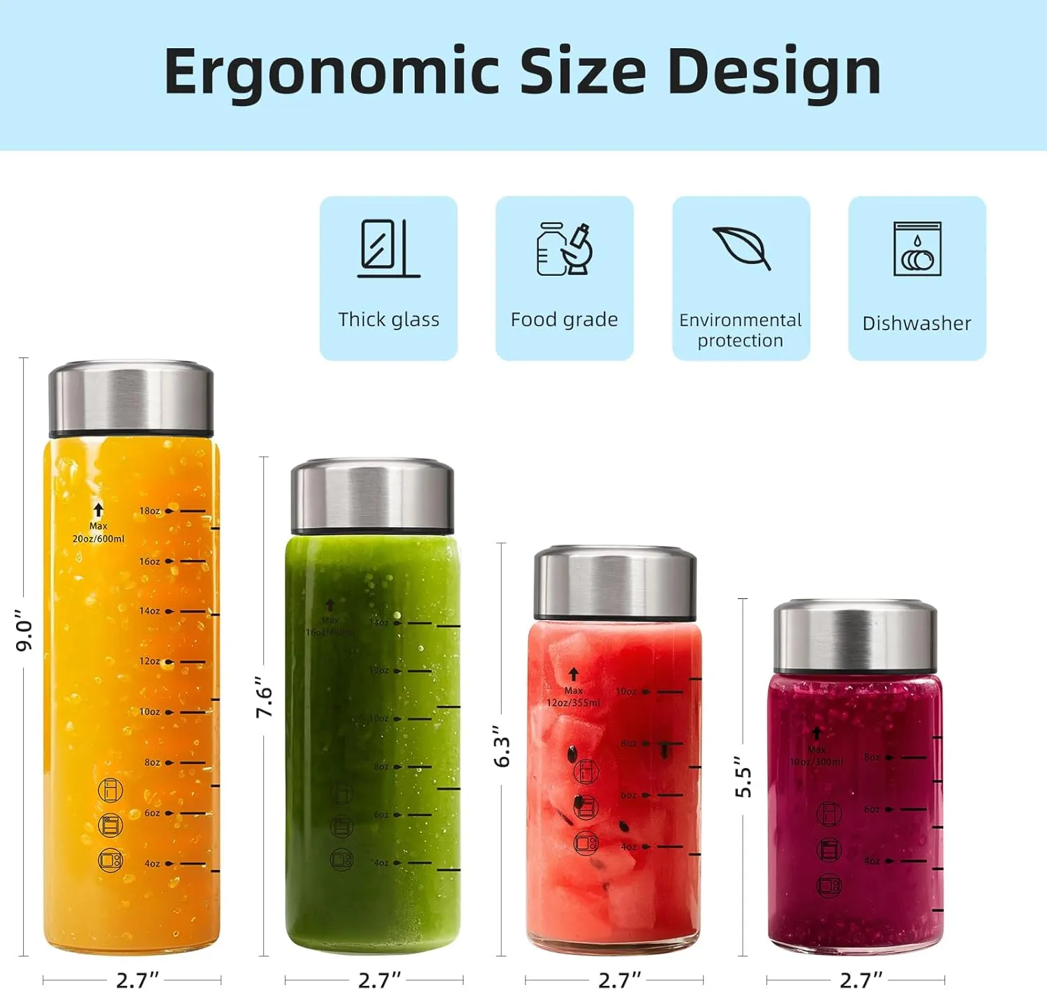 Glass Juice Bottles 16oz - 3 Pack Wide Mouth Water Bottles with Lids for Juicing Reusable Juice Bottles for Smoothie Beverage Storage BPA Free Leakproof Borosilicate