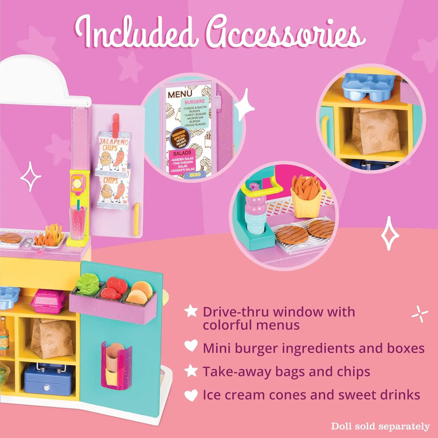 Glitter Girls – GG Drive-Thru Window Set – Deluxe Play Food & Pretend Restaurant Playset for 14-inch Dolls – Toys, Clothes, and Accessories for Kids Ages 3 and Up