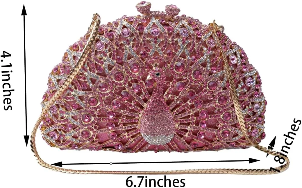 Glitter Women Peacock Crystal Clutch Seashell Handbag Animal Rhinestone Evening Clutch Bridal Purse for Prom Party