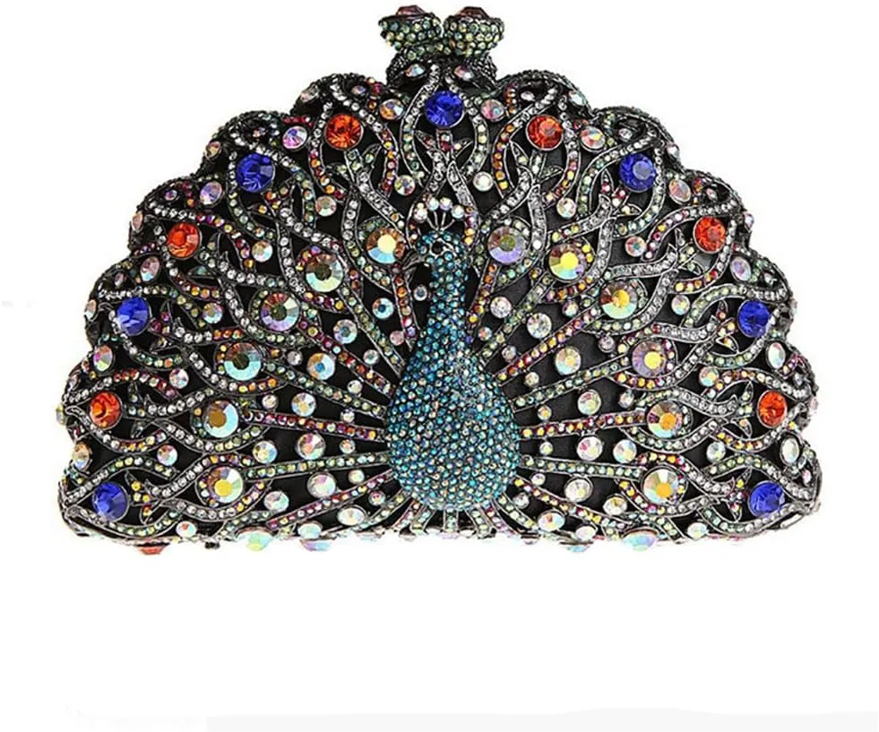 Glitter Women Peacock Crystal Clutch Seashell Handbag Animal Rhinestone Evening Clutch Bridal Purse for Prom Party