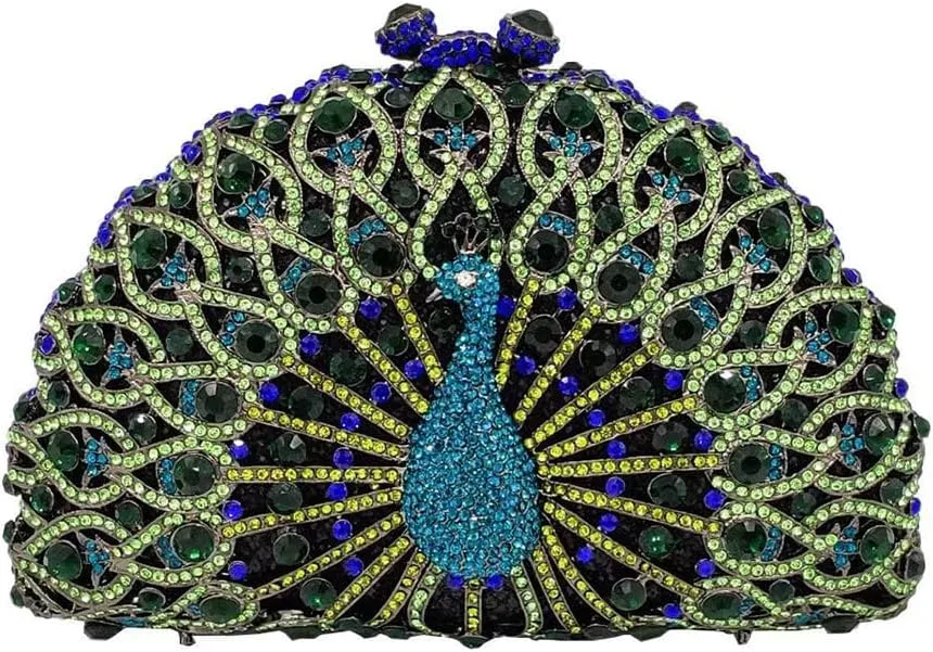 Glitter Women Peacock Crystal Clutch Seashell Handbag Animal Rhinestone Evening Clutch Bridal Purse for Prom Party
