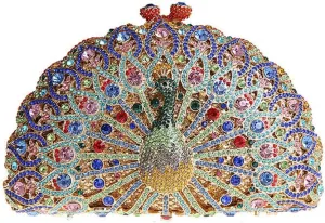 Glitter Women Peacock Crystal Clutch Seashell Handbag Animal Rhinestone Evening Clutch Bridal Purse for Prom Party