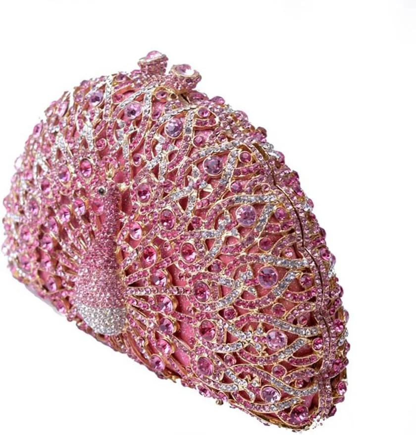 Glitter Women Peacock Crystal Clutch Seashell Handbag Animal Rhinestone Evening Clutch Bridal Purse for Prom Party