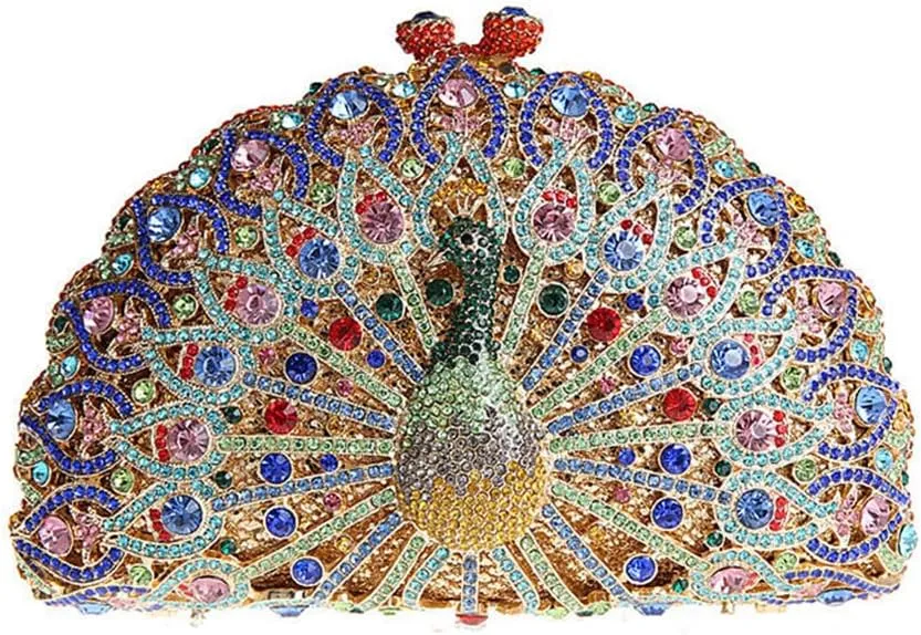 Glitter Women Peacock Crystal Clutch Seashell Handbag Animal Rhinestone Evening Clutch Bridal Purse for Prom Party