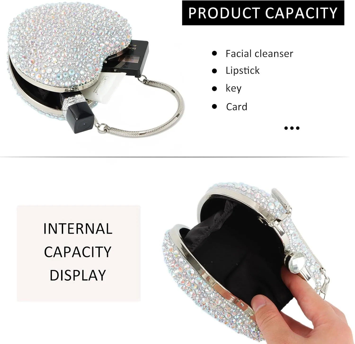 GOKTOW Mini Heart Shaped Purse,Valentines Purses and Handbags,Rhinestone Evening Purse Clutch for Womens