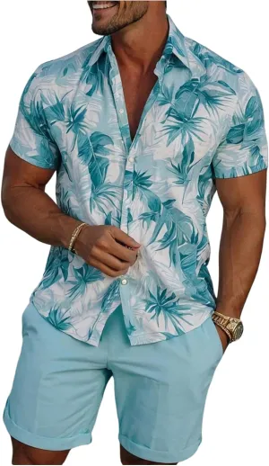 GORGLITTER Men's 2 Piece Vacation Beach Outfits Floral Button Down Shirt and Shorts Cruise Attire Sets