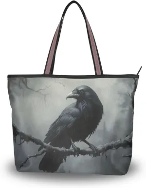 Gothic Branch Crow Halloween Tote Bag for Women Durable Designer Handbag with Zipper for Daily Use Travel L