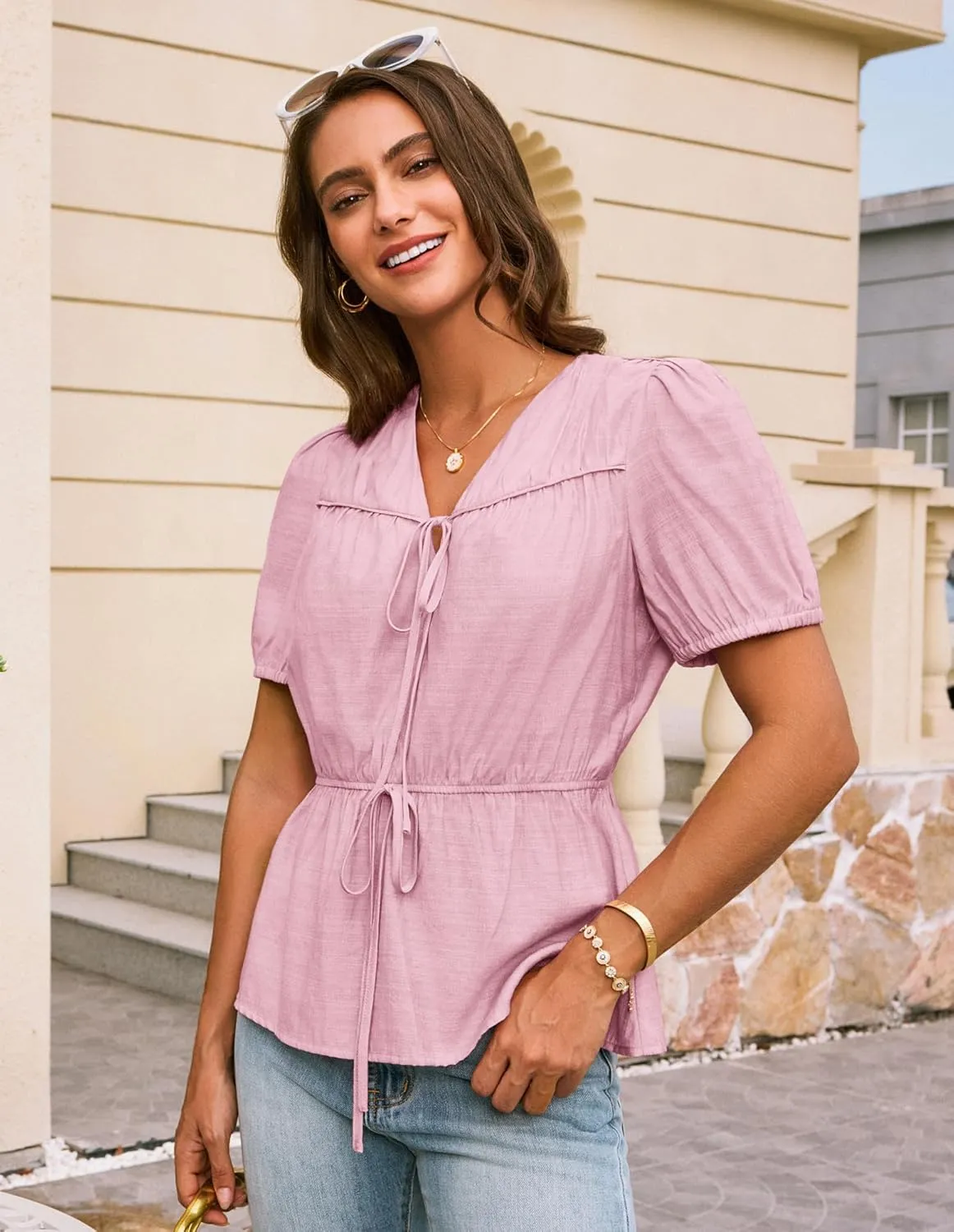 GRACE KARIN Womens Summer Tops V Neck Short Sleeve Tie Front Blouses Peplum Babydoll Top