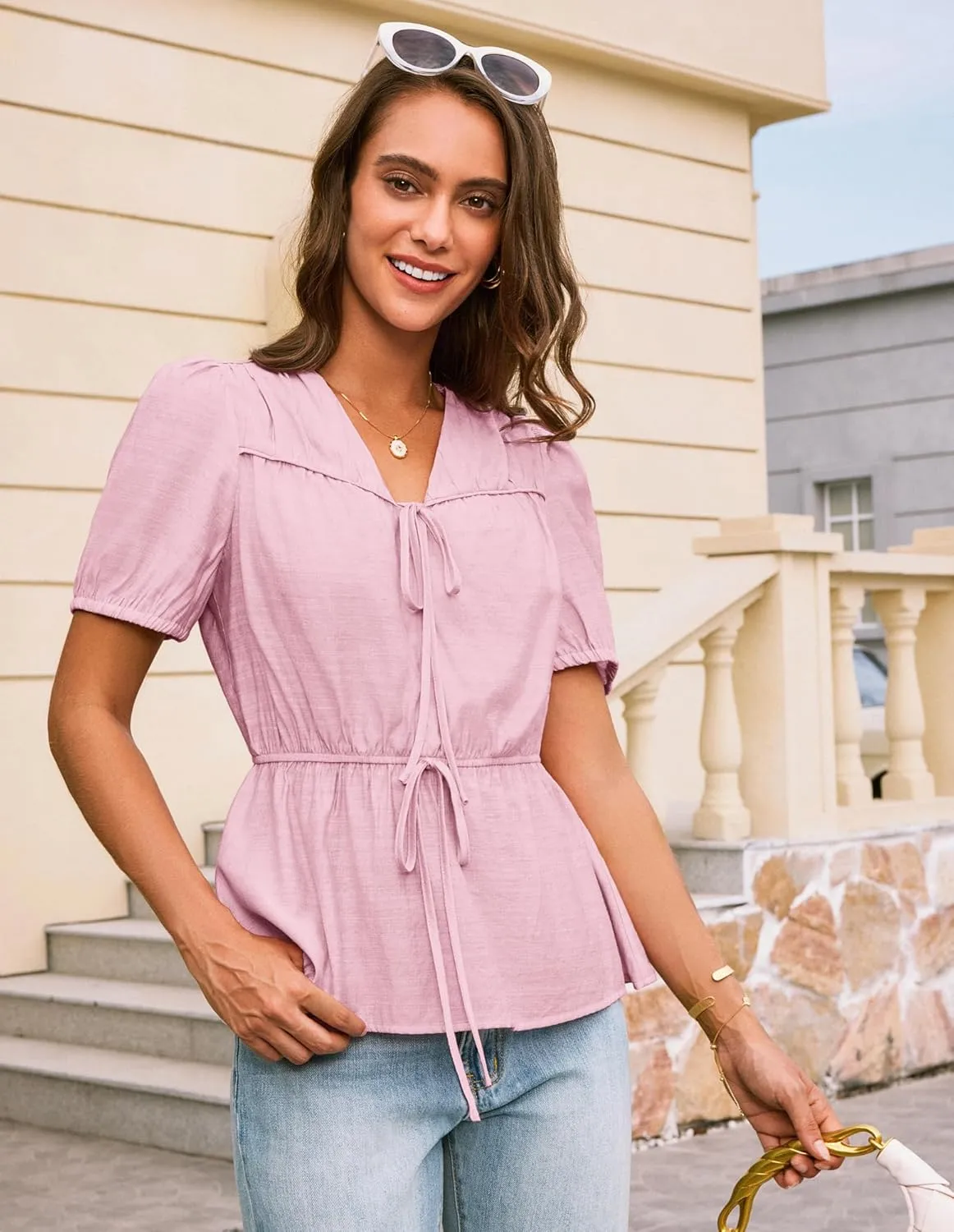 GRACE KARIN Womens Summer Tops V Neck Short Sleeve Tie Front Blouses Peplum Babydoll Top