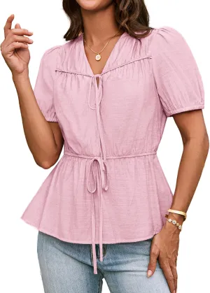 GRACE KARIN Womens Summer Tops V Neck Short Sleeve Tie Front Blouses Peplum Babydoll Top
