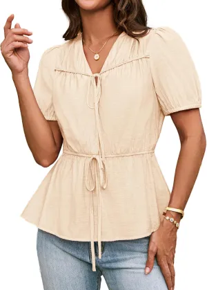 GRACE KARIN Womens Summer Tops V Neck Short Sleeve Tie Front Blouses Peplum Babydoll Top