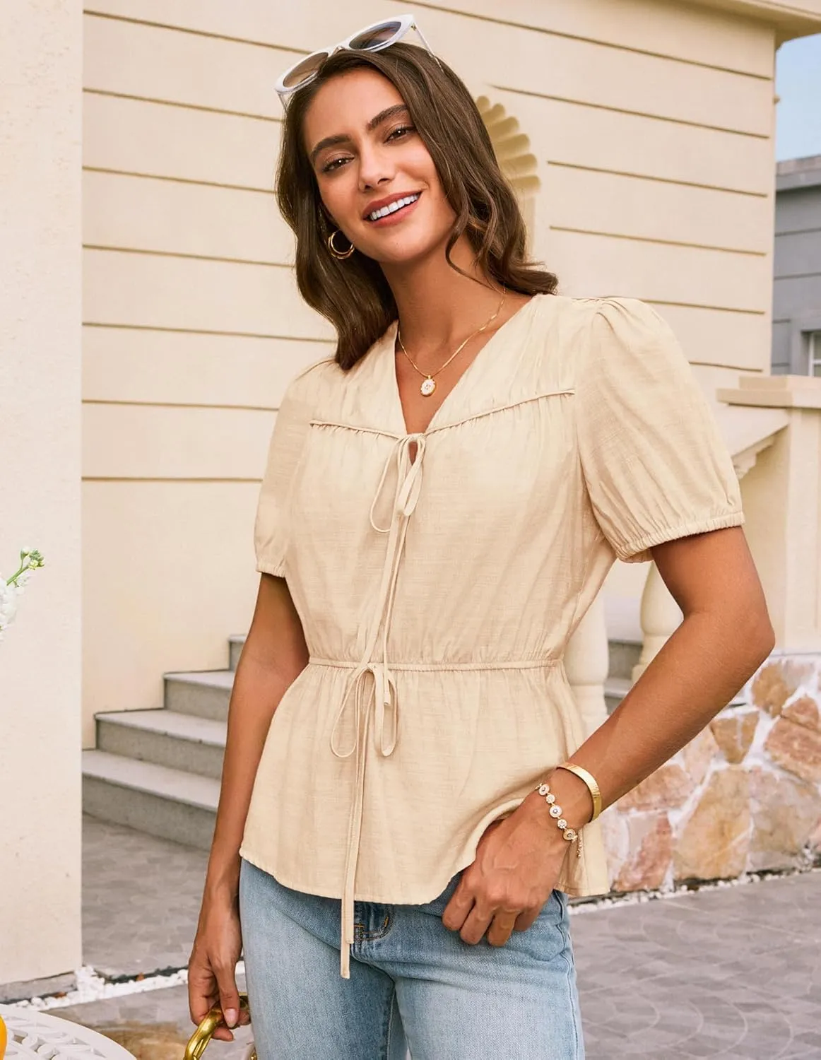 GRACE KARIN Womens Summer Tops V Neck Short Sleeve Tie Front Blouses Peplum Babydoll Top
