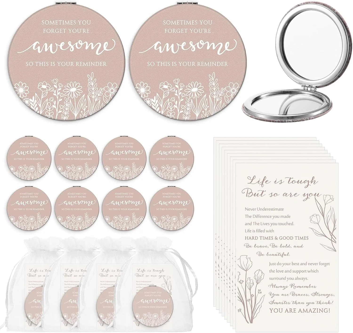 Graduation Wildflower Inspirational Gifts for Women Bulk Motivational Compact Mirror Makeup Purse Double Sided Folding Mirror Inspirational Gift Cards with Bag for Women(24 Set)
