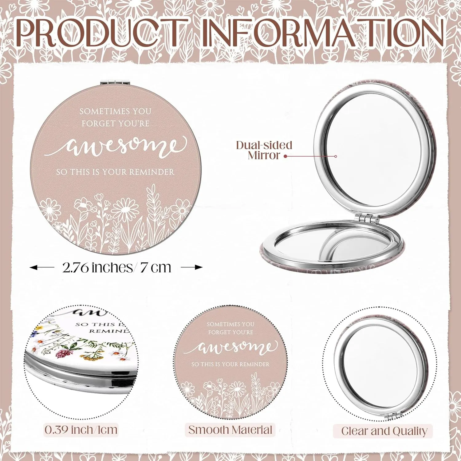 Graduation Wildflower Inspirational Gifts for Women Bulk Motivational Compact Mirror Makeup Purse Double Sided Folding Mirror Inspirational Gift Cards with Bag for Women(24 Set)
