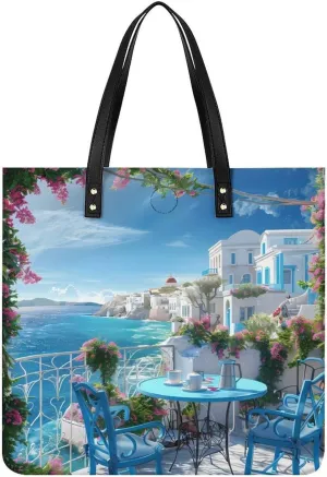 Greek Coffee in Santorini Print Leather Tote Bag for Women Men Shoulder Bag Casual Handbag Work Bag 39x39cm