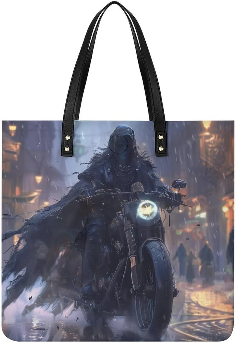 Grim Reaper Riding Motorcycle Goth Leather Tote Bag for Women Men Shoulder Bag Casual Handbag Work Bag 39x39cm