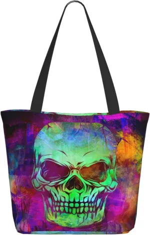 Grunge Colored Artistic Skull Tote Bag Women Reusable Shopping Bags Shoulder Bag Portable Storage HandBags
