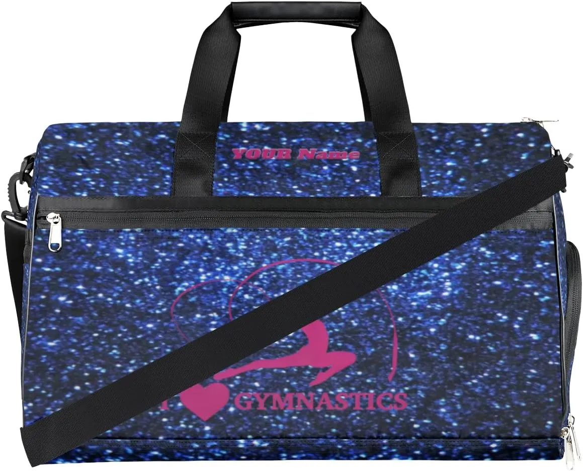 Gymnastics Dance Bag Personalized Duffel Bag Travel Weekender Overnight Bag Custom Name Team Gift Lightweight Waterproof Sport Gym Bag Collapsible Carry on Tote Bag Blue Sparkly