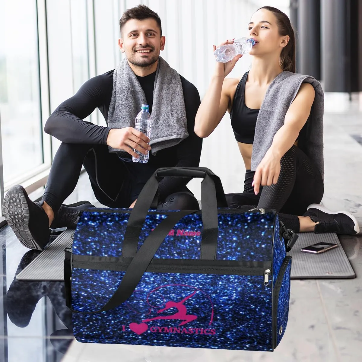 Gymnastics Dance Bag Personalized Duffel Bag Travel Weekender Overnight Bag Custom Name Team Gift Lightweight Waterproof Sport Gym Bag Collapsible Carry on Tote Bag Blue Sparkly