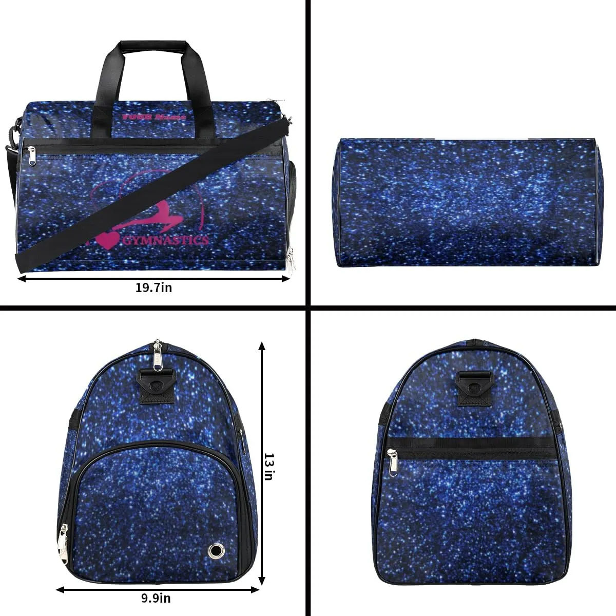 Gymnastics Dance Bag Personalized Duffel Bag Travel Weekender Overnight Bag Custom Name Team Gift Lightweight Waterproof Sport Gym Bag Collapsible Carry on Tote Bag Blue Sparkly