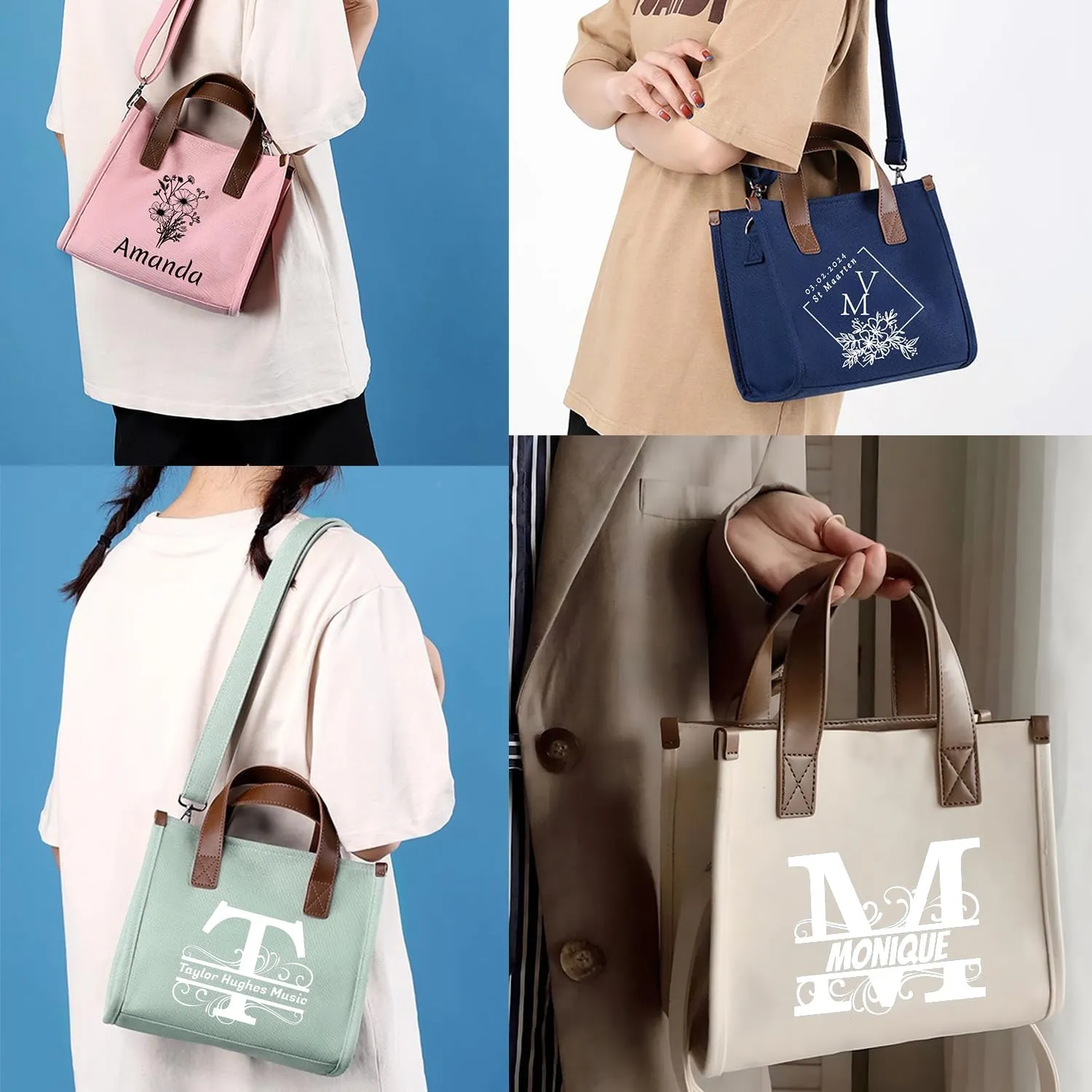 GZLDGIFTS Personalized Womens Tote HandBag Adjustable Shopping Cloth Fashion Birthday Wedding Custom Initials Gift