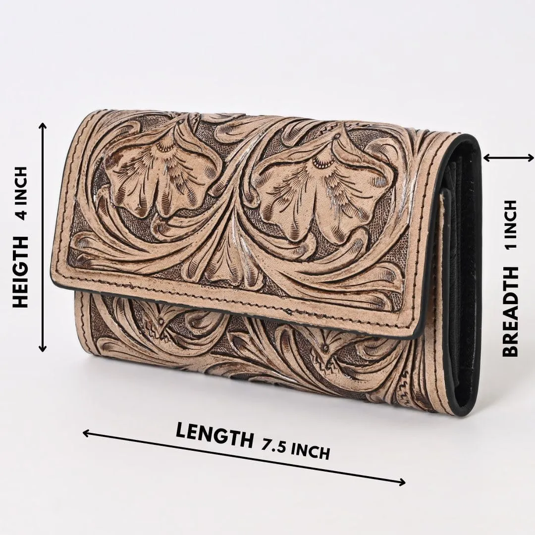 Hantooled Leather Wallet RFID Blocking, Trifold Ladies Purse, Flower Handtooled and Carved long Clutch, 1 Back Zip pocket, Wallet For Women (Light brown)