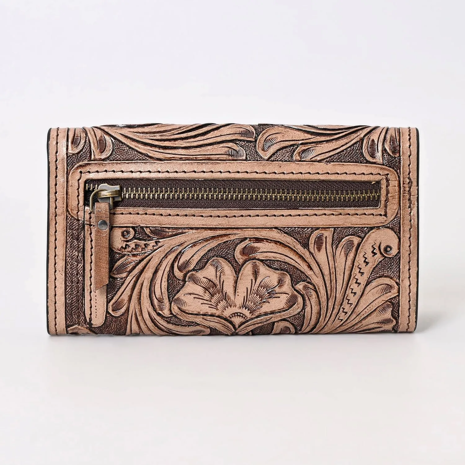 Hantooled Leather Wallet RFID Blocking, Trifold Ladies Purse, Flower Handtooled and Carved long Clutch, 1 Back Zip pocket, Wallet For Women (Light brown)