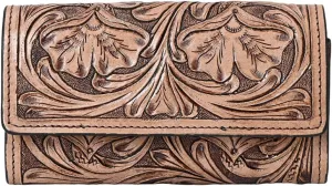 Hantooled Leather Wallet RFID Blocking, Trifold Ladies Purse, Flower Handtooled and Carved long Clutch, 1 Back Zip pocket, Wallet For Women (Light brown)