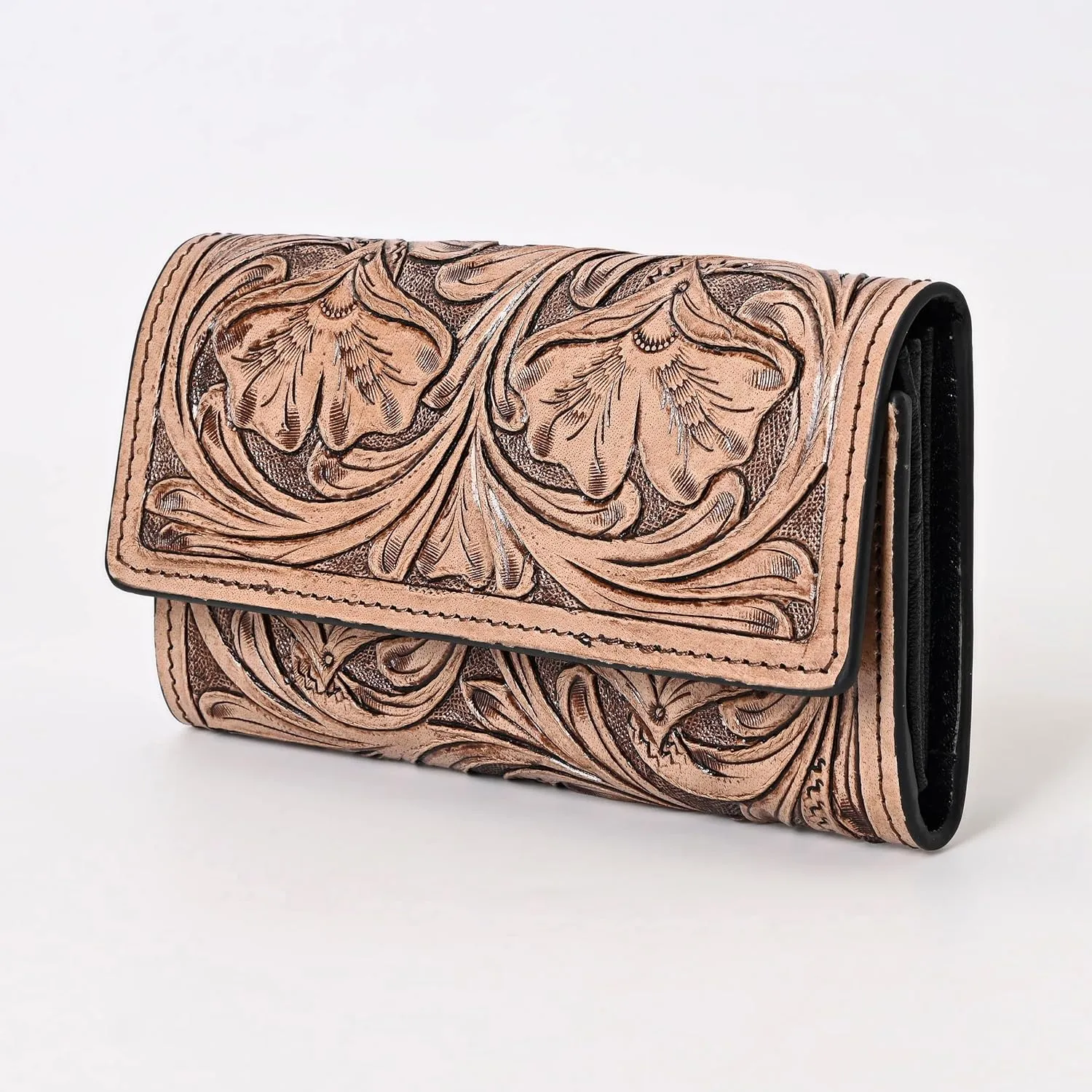 Hantooled Leather Wallet RFID Blocking, Trifold Ladies Purse, Flower Handtooled and Carved long Clutch, 1 Back Zip pocket, Wallet For Women (Light brown)