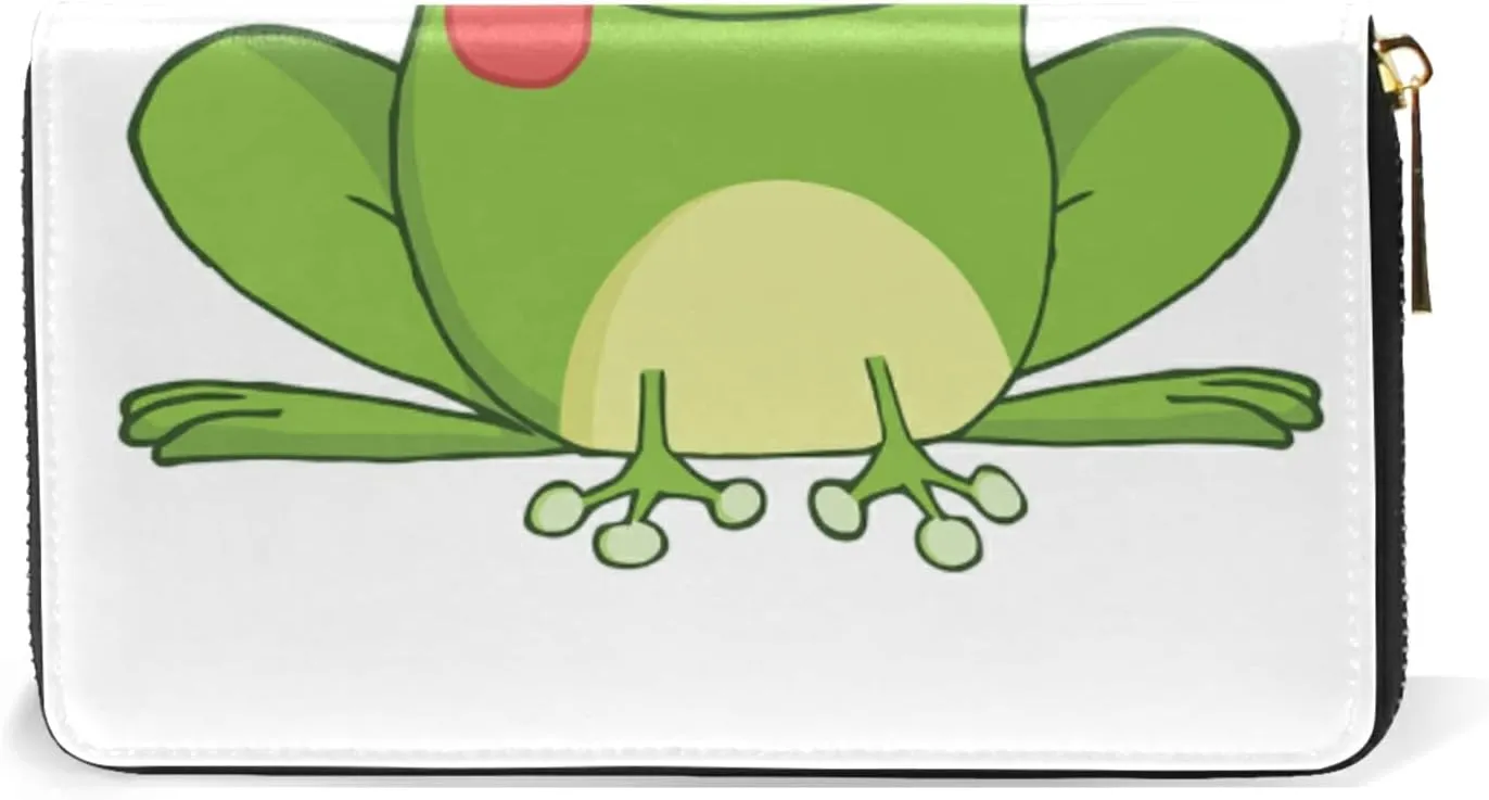 Happy Green Frogs Cartoon Characters Set on White Leather Long Wallet Organizer with Zipper Purse Clutch Bag for Women Men