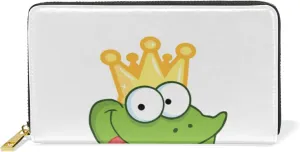Happy Green Frogs Cartoon Characters Set on White Leather Long Wallet Organizer with Zipper Purse Clutch Bag for Women Men