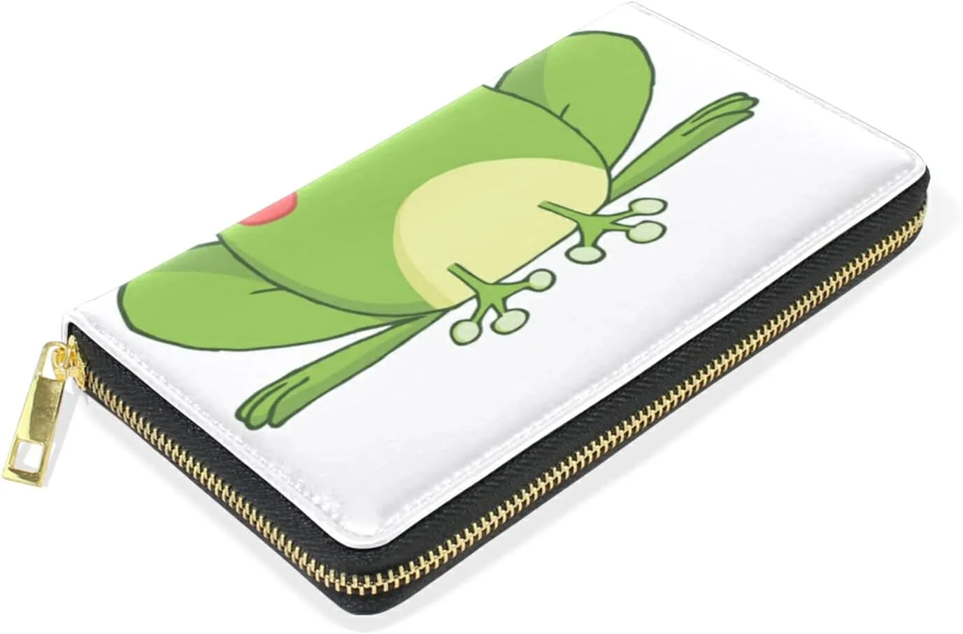 Happy Green Frogs Cartoon Characters Set on White Leather Long Wallet Organizer with Zipper Purse Clutch Bag for Women Men