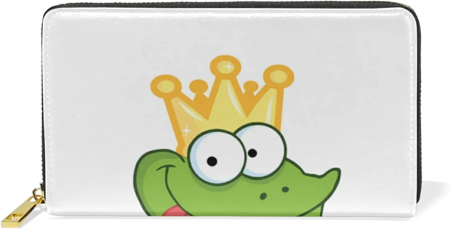 Happy Green Frogs Cartoon Characters Set on White Leather Long Wallet Organizer with Zipper Purse Clutch Bag for Women Men