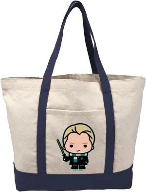Harry Potter Draco Cute Chibi Character Canvas Tote Bag With External Pocket, Reusable Shoulder Bag for Shopping, Beach, Navy