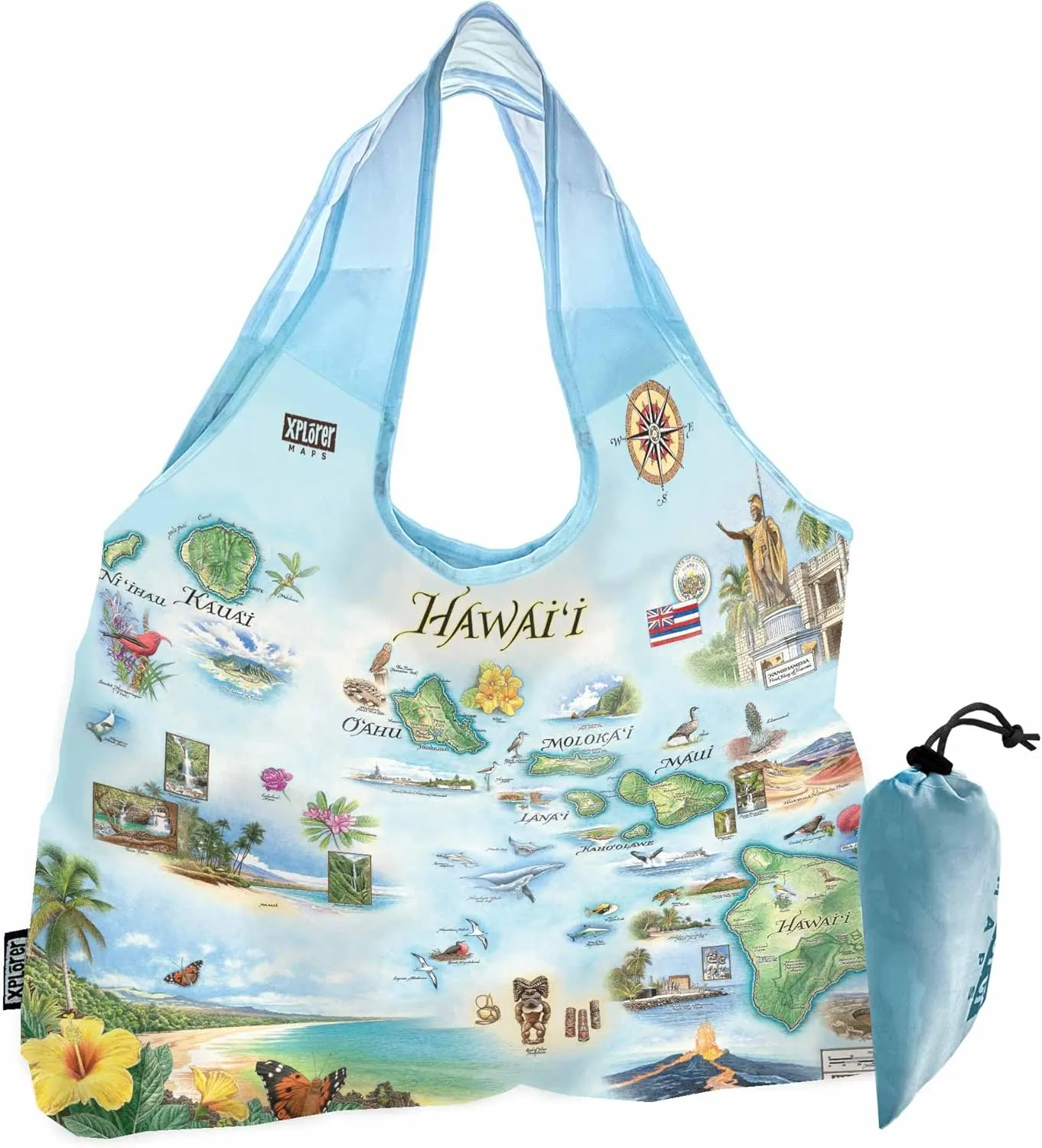 Hawai'i State Map Pouch Tote with Handles – Reusable, Eco-Friendly Grocery Shopping Bag, Foldable Heavy-Duty Nylon, 18" x 25"