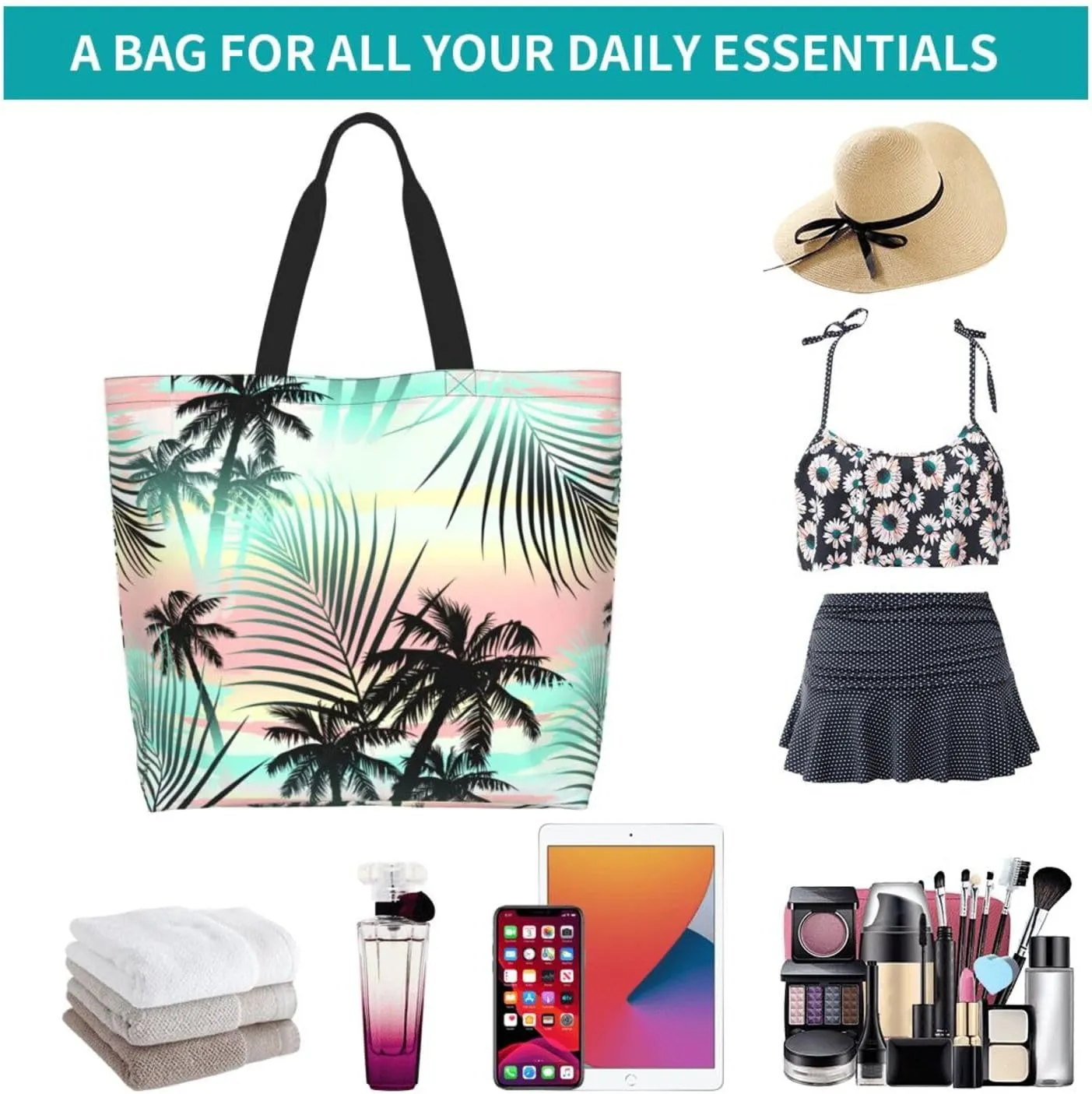 Hawaiian Tropical Pattern Tote Bag Large Women Palm Tree Casual Shoulder Bag Handbag Reusable Shopping Grocery Bag