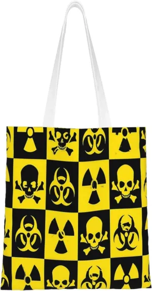 Hazard Pattern Nuclear Fallout Skull and Cross Bones Atom Tote Bags Reusable Grocery Bags Shopping Bags Foldable Bags, Black