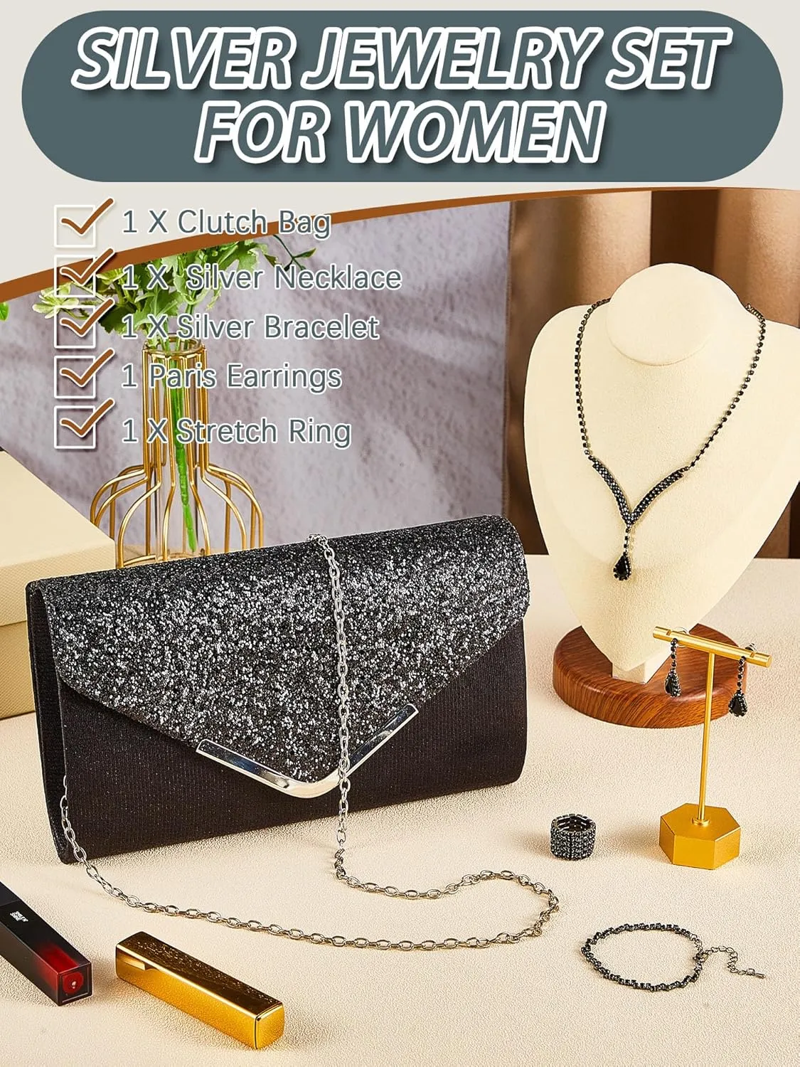 Henoyso 5 Pcs Purse Rhinestone Jewelry Set Prom Jewelry Rhinestone Clutch Purse Bride Necklace Earrings Bracelets for Women